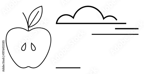 Healthy living, nature, eco-conscious design, simplicity, organic products, childhood learning. Minimalist line drawing of apple and cloud. Healthy living and nature concept