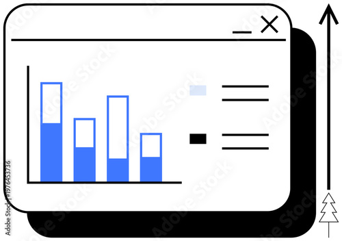 Data analytics, business intelligence, growth monitoring, report visualization, economic trends, financial planning. A web interface showing bar graphs and an upward arrow. Data analytics and growth