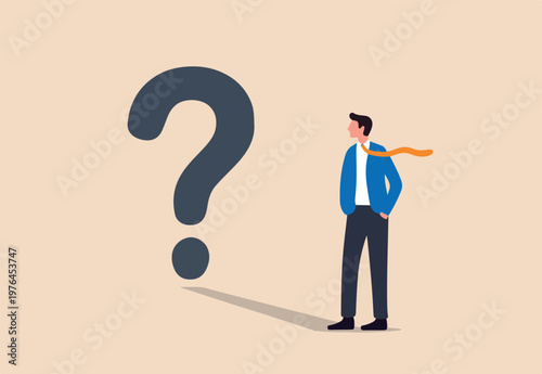 Confusion, uncertainty or self doubt, finding meaning in live, question to answer or searching solution to solve problem concept, curios businessman looking at self shadow as question mark sign