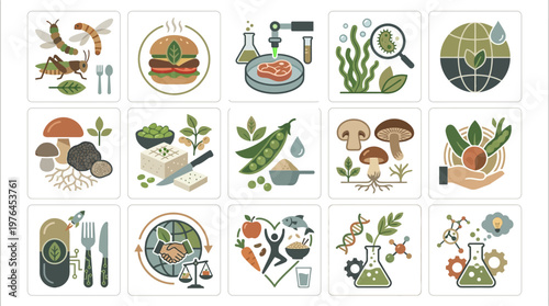 Vector Icons Sustainable Food Future Collection Featuring Insects Mushrooms Algae and Lab Grown Protein.