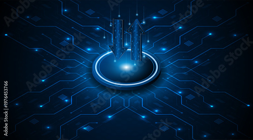 Up and down arrows on dark blue background. Concept of data transmission or digital exchange. Business growth or investment concept. Blue arrow technology background.