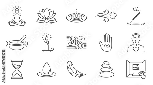 Vector Icons Set of Zen and Meditation Line Icons for Wellness and Spiritual Practice.