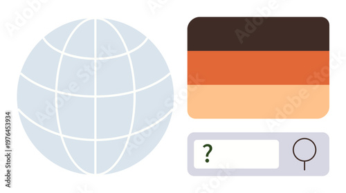 Global navigation, country-specific search, Germany-related topics, cultural research, digital knowledge, global culture. Globe, German flag and search box with question mark. Global navigation