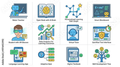 Vector Icons Set of modern line icons illustrating artificial intelligence in education and digital learning technologies.