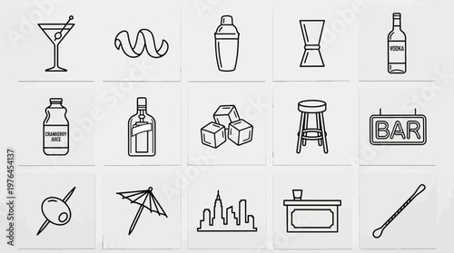Vector Icons Set of hand drawn cocktail bar equipment icons.