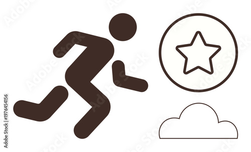 Achievement, goal setting, progress, aspirations, motivation, success. A person running towards a star with a cloud nearby. Achievement and goal setting concept