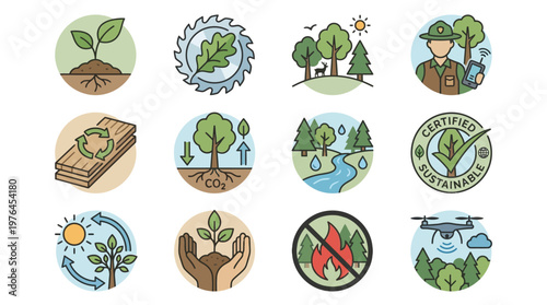 Vector Icons Set of forestry and sustainable forest management icons.