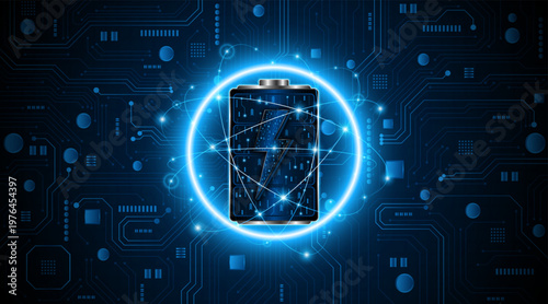Battery technology concept with power circuit board. The future of fast electric battery charging
