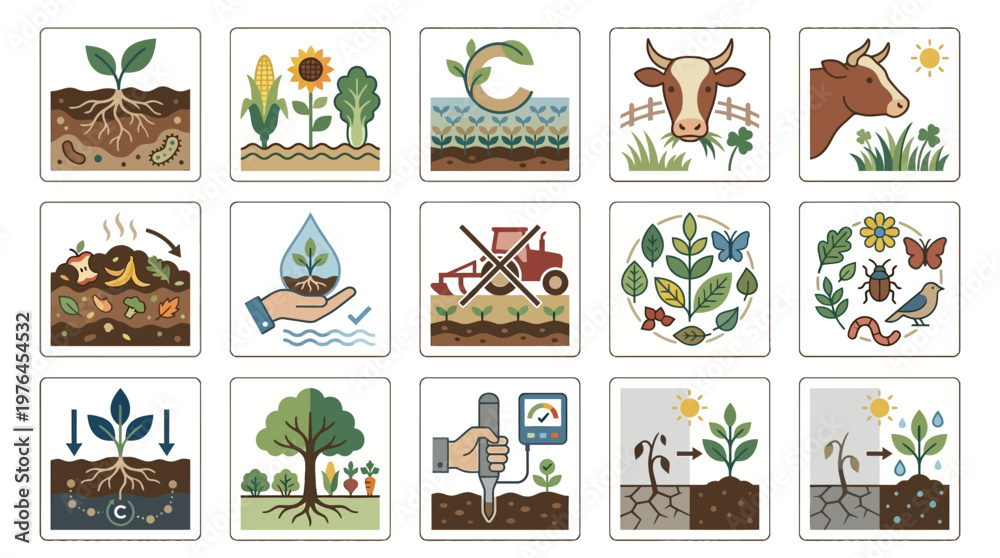 Fototapeta premium Vector Icons Set of agriculture and regenerative farming infographic icons.