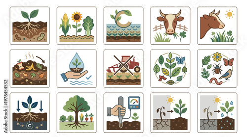 Vector Icons Set of agriculture and regenerative farming infographic icons.