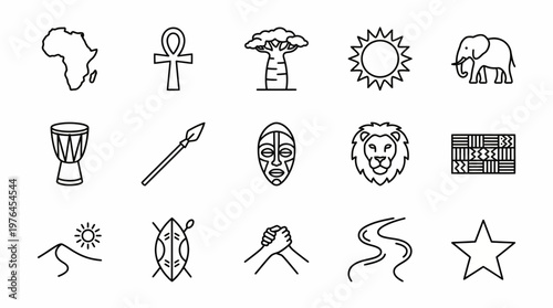 Vector Icons Set of African Culture and Wildlife Line Art Icons.