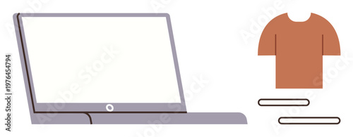 Online shopping, e-commerce, digital learning, apparel design, remote work, modern technology. Laptop next to a shirt symbol with two lines below it. Online shopping and e-commerce concept