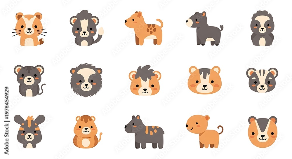 Obraz premium Adorable Cartoon Animal Illustrations of Various Cute Creatures and Pets