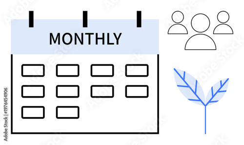 Time management, teamwork, sustainability, planning, organization, collaboration. A calendar marked Monthly, three people icons and a leaf symbol. Time management and teamwork concept