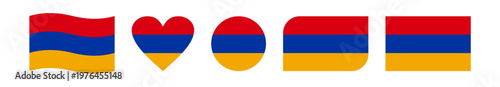 Set of five creative Armenia flag vector designs featuring wavy, circular, heart-shaped, rounded-corner, and rectangular styles, symbolizing national pride and patriotic celebration