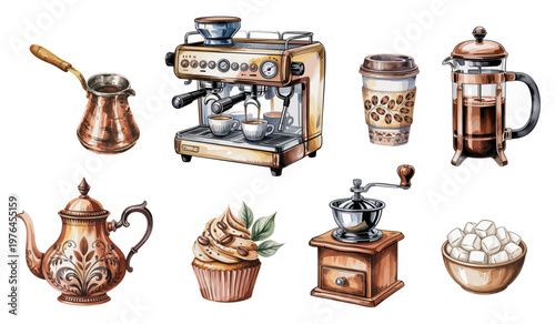 Watercolor-style coffee and tea accessories collection. Vintage teapot, French press, and espresso machine. Hand-drawn cupcake with mint leaf garnish. Copper cezve, wooden grinder, and sugar bowl