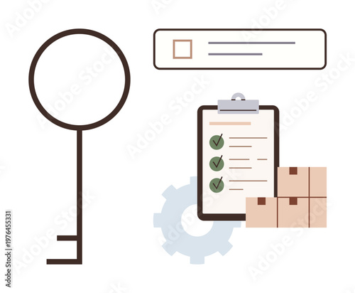 Security, logistics planning, inventory, organization, task management, system optimization. A key, checklist on clipboard boxes and gear. Security and logistics planning conceptual