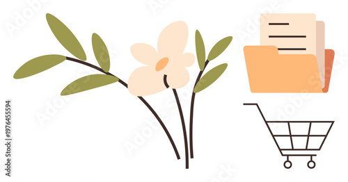 Ecommerce, digital storage, organization, nature balance, workflow, data management. File folder, shopping cart and flower elements. Ecommerce and digital storage ideas in creative concepts