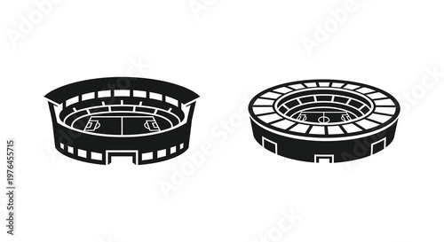 Two stadium designs displayed as stark black shapes silhouette