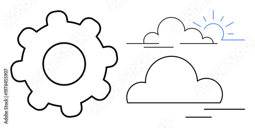 Technology, innovation, cloud computing, digital systems, process automation, synergy. Simple gear symbol paired with clouds and rising sun. Technology and innovation concept with focus on cloud