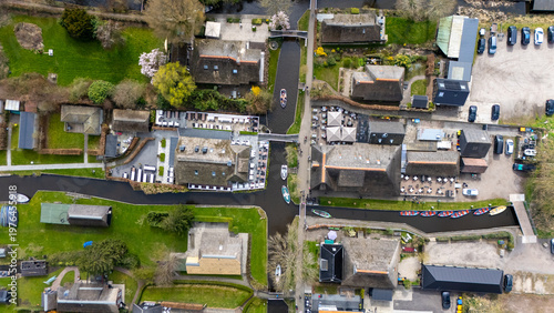 Aerial drone shots of the water village of Giethoorn Overijsel Netherlands
