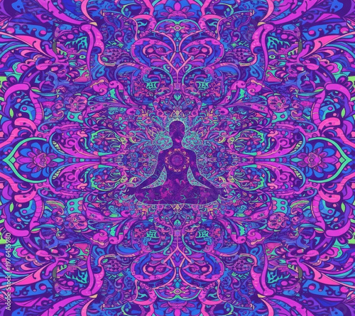 Psychedelic Meditation Art A Person in Lotus Pose Amidst Intricate Swirling Mandala Patterns in Vibrant Pink and Blue Hues