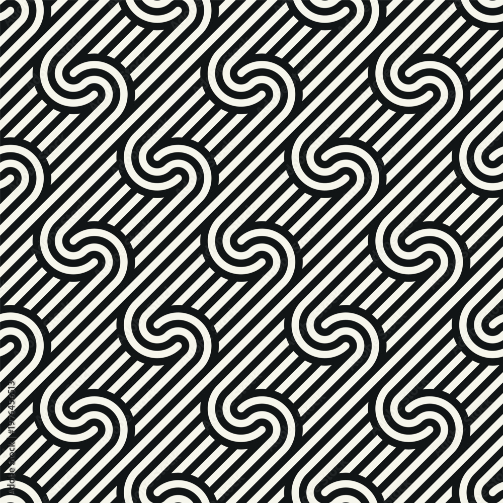 Obraz premium Seamless geometric pattern with thin linear stripes. Stylish monochrome background. Digonal interlaced lines. Vector repeating texture with winding ribbon-like lines, ideal for textile, wallpaper.