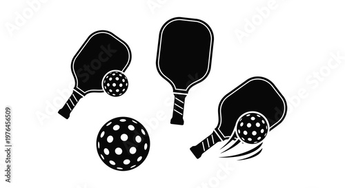 Pickleball equipment including paddles and balls a striking silhouette