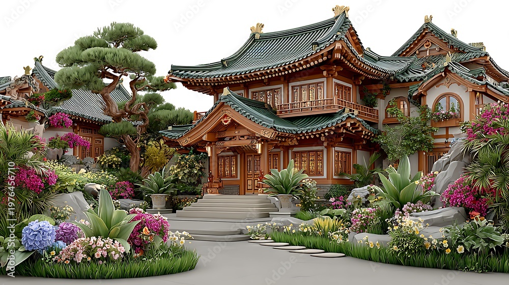 Fototapeta premium Serene wooden japanese temple garden architecture high resolution picture