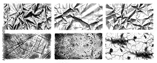Distressed texture collection featuring crumpled paper wrinkled fabric scribbles and cracked earth in sketch style