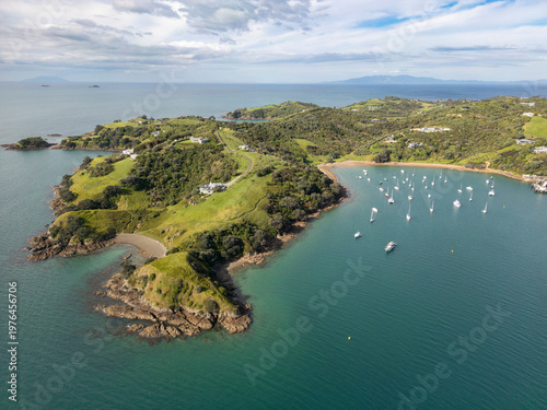 Aerial view of Matiatia Bay on Waiheke Island, New Zealand.