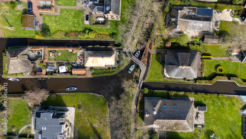 Aerial drone shots of the water village of Giethoorn Overijsel Netherlands