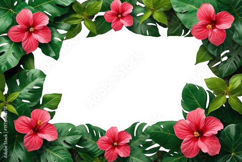 Tropical hibiscus flowers and monstera leaves framing transparent background, vibrant summer botanical border