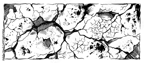Cracked earth texture with deep fissures and dry ground details in engraving style