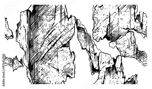 Torn wallpaper layers showing floral patterns and damaged surface in vintage sketch style