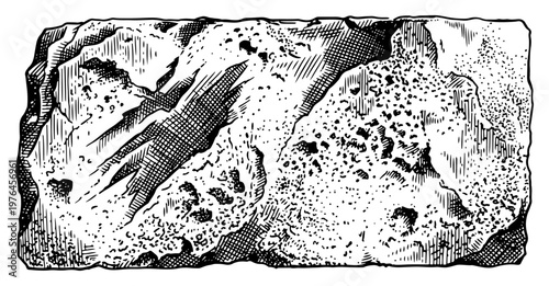 Weathered stone block texture with etched surface and grain in vintage engraving style