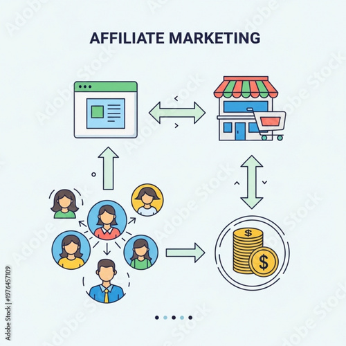 Affiliate Marketing Concept with Arrows Connecting Users and Money Flow, Digital Income System, Flat Vector Illustration