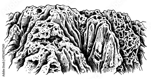 Porous rock formation with volcanic stone texture in vintage engraving style