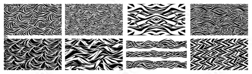Ocean wave patterns and abstract water textures set in woodcut style