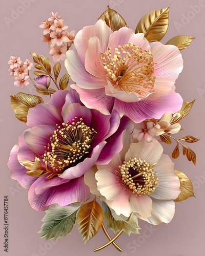 Soft pink flowers gold leaves artistic high resolution picture