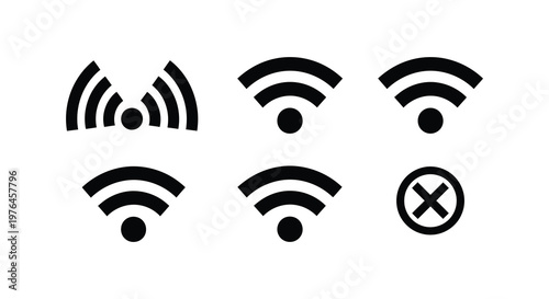 Black wifi signal strength icons including a disabled connection silhouette