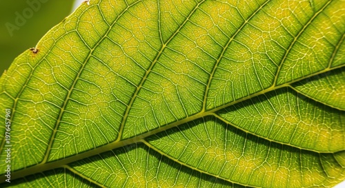 An extreme macro view highlighting the intricate green veins and vibrant cellular patterns of a fresh deciduous leaf under bright sunlight, environment, shadow, moisture