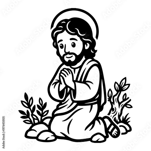 Young Jesus Christ with halo kneeling in prayer line art illustration