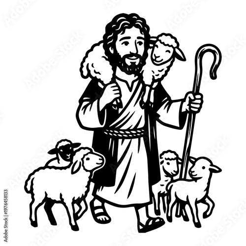 Jesus Christ the Good Shepherd carrying a lamb with sheep line art