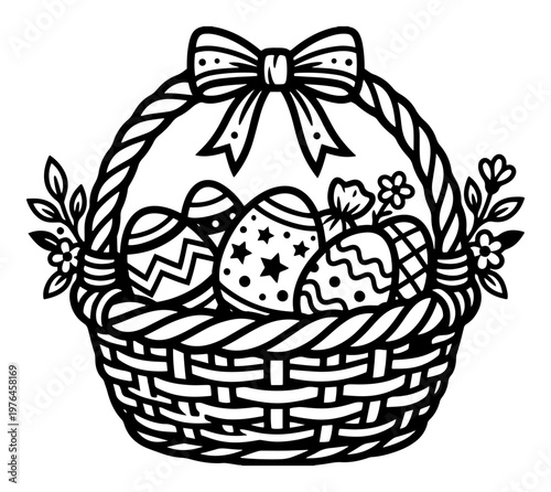 Easter basket filled with decorated eggs and ribbon bow in bold line art style
