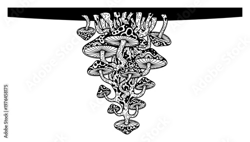 Mushroom cluster growing downwards with intricate patterns in psychedelic engraving style