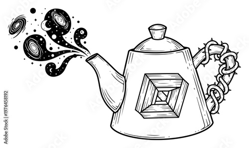 Magical teapot pouring cosmic galaxies and stars in surreal engraving style
