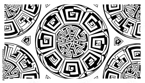 Geometric circular ornament with maze and greek key pattern style