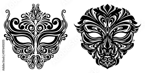 Ornate decorative masks with intricate floral swirls and tribal motifs