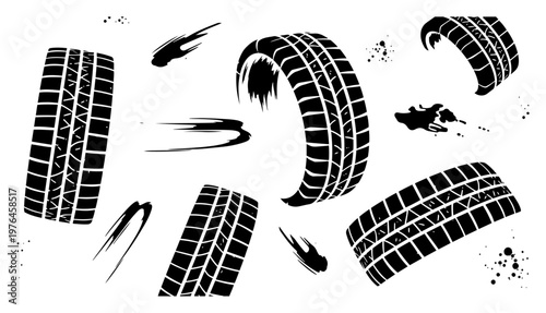 Car tires with tread patterns and motion speed lines graphic style